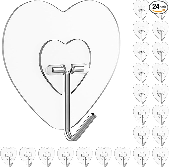 Adove Adhesive Hooks for Hanging, 24 Pack Heavy Duty Wall Hooks, Towel Coat Hooks Waterproof, Transparent Self Adhesive Sticky Hook for Kitchen Keys Glass Door,No Nail Utility Ceiling Hooks