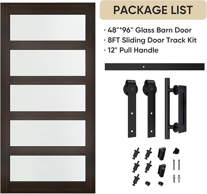 BARNSMITH 48in x 96in Glass Barn Door and 8FT Sliding Door Hardware Included, 5-Panel Frosted Glass Sliding Barn Door, Solid Wood Covered with Water-Proof PVC Surface, Easy Assembly, Brown