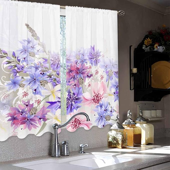 Lavender Kitchen Curtains Pastel Cornflowers Colorful Floral Short Tier Curtains for Bathroom Cafe Small Window Drapes Treatment 2 Panels (27.5x39 Inch)