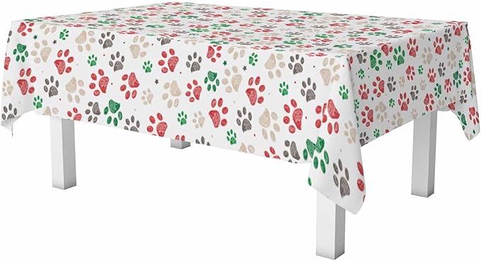 Paw Prints Table Cloth 52x70 Doodle Dog Cat Red Green Footprint Rectangular Tablecloth Polyester Washable Table Cover for Dining Kitchen Banquet Picnic Decorative