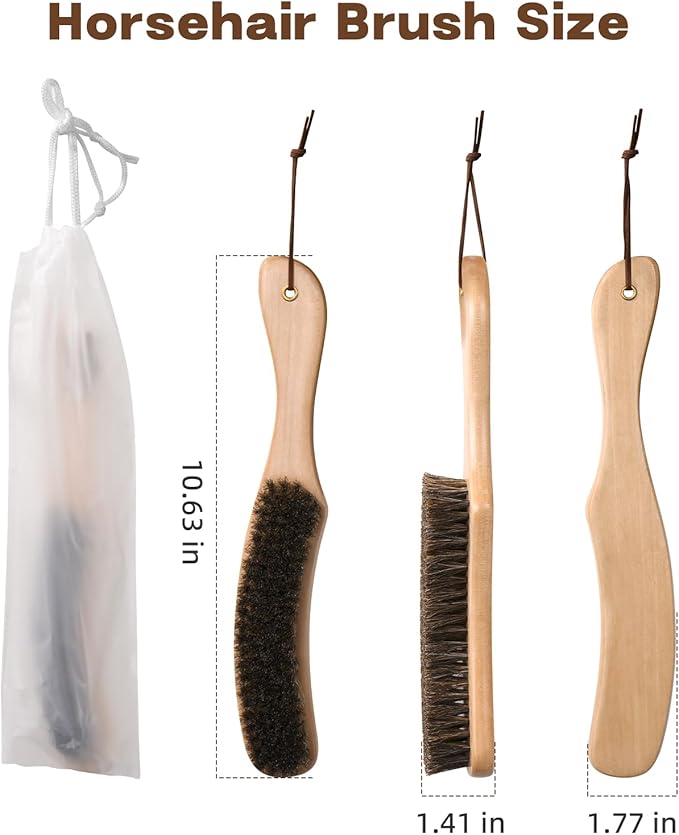 Cowboy Hat Brush, 100% Horsehair Brush for Cleaning, Lint Brush Removes Dust, Pet Hair, Cleaning Kit for Suede, Felt Hats, Wool Coats, Suits, Clothes, Shoes, Furniture, Wood Handle with Storage Bag