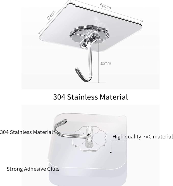 Adhesive Hooks Utility Hooks 44 lb/ 20 kg(Max), Heavy Duty Coat Hooks Waterproof and Oilproof Seamless Hooks, Reusable Wall Hook for Bathroom Kitchen
