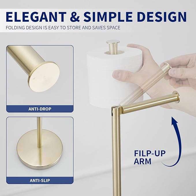 BWE Brushed Gold Toilet Paper Holder Stand Modern Tissue Roll Holder Storage for 4 Rolls of Paper, Stainless Steel Free Standing Toilet Paper Holder Bathroom Accessories with Weighted Base