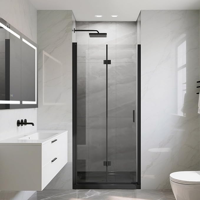 Frameless Bi-Fold Shower Door 34" W x 72" H, 1/4" Clear Tempered Glass, Folding Swing Design, Reversible Installation, Black Finish, Space-Saving Glass Shower Door for Small Bathrooms