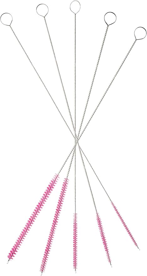10" Tube Cleaning Brush Set, 5 Pack Small, Extra Long Nylon Straw Brushes with Flexible Handles for Bottles, Cleaning Straws, Pipe Cleaners, Keyboard, Glass, Guns, Detailing and Deep Cleaning, Pink