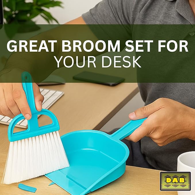 DAB 6" x 5" Mini Whisk Broom and Dustpan | Dustpan & 8.5" (21.6 cm) Broom | Vibrant Green, Blue, Pink Designs
