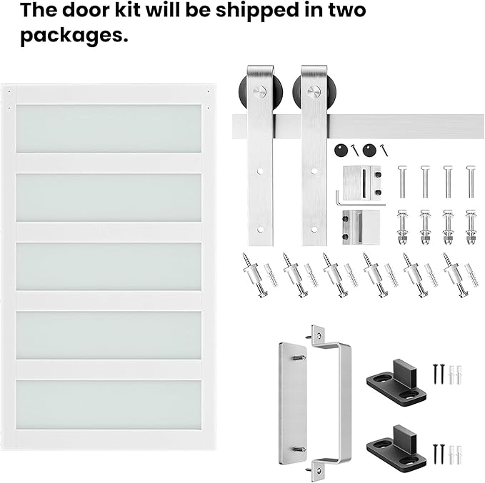 48'' x 84'' Glass Barn Door and 8 Ft Brushed Nickel Hardware Kit Included, MDF White Barn Door Slab with Frosted Glass, PVC Surface, Combined with Handle and Floor Guide-Assembly Required