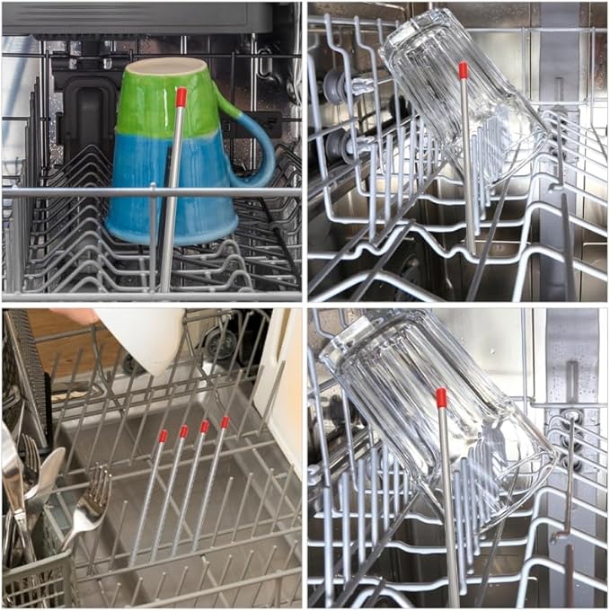 Unomor 6Pcs Stainless Steel Dishwasher Insert Draining Sticks Bottle Holder Rods for Dishwasher Accessories Fits Standard Bottle Racks Space-Saving Design for Wine Glasses Soda