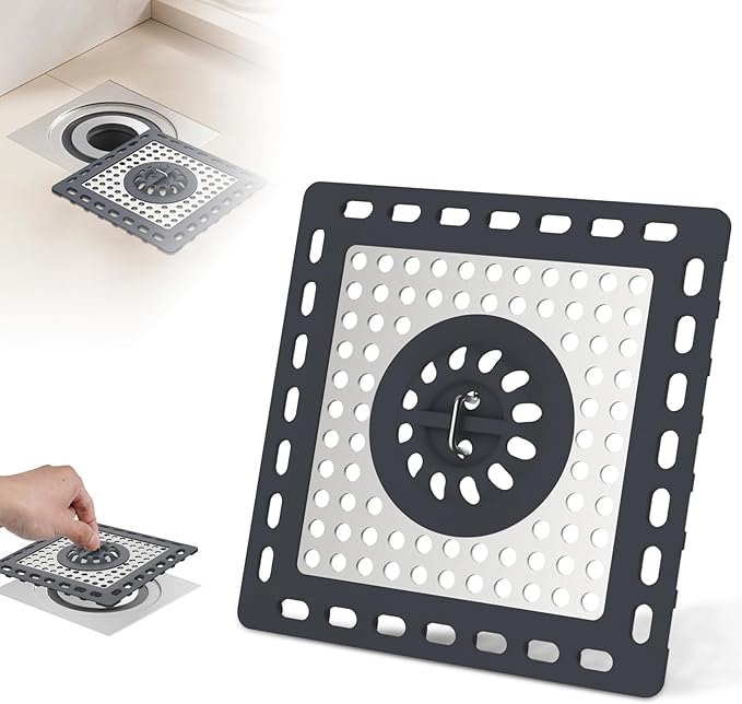 Hibbent Upgraded Shower Drain Hair Catcher for Bathroom Floor 4" Drain, Anti-Clogging Shower Drain Cover, Stainless Steel & Silicone Drain Strainer with Handle, Shower Drain Protector, Dark Grey