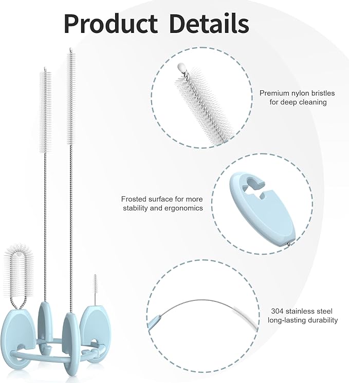 4in1 Straw Cleaner Brush Set, Standing Cleaning Brush Set Includes 7mm &10mm Straw Brushes, Cup Lid Brush, Crevice Brush, for Wide and Narrow Straws, Water Bottles, Cups and Lids, Blue