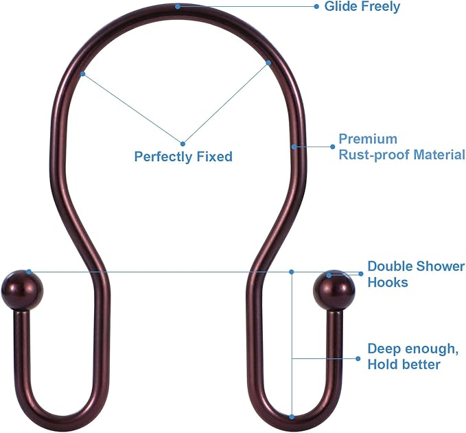 24 Pack Double Shower Curtain Hooks Rings, TENOVEL Double Sided Shower Curtain Hooks Rust Proof for Shower Curtain, Stainless Steel Bathroom Shower Hangers Rings for Shower Rods, Bronze