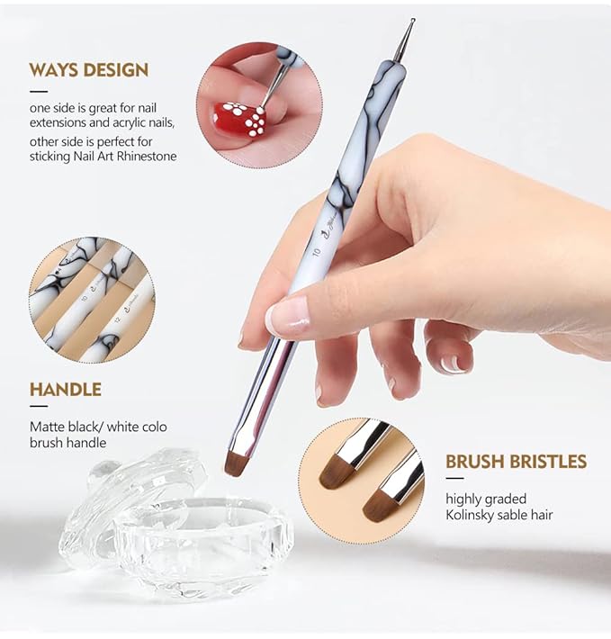 French Nail Brush, YIHUALE 2 Way French Gel Acrylic Nail Art Kolinsky Brush With Dotting Tool for Professional Manicure Cuticle Clean Up Nail Art Design- White And Black (12#, Black and White)