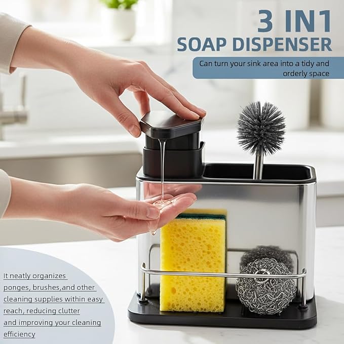Soap Dispenser for Kitchen Sink, Stainless Steel 3-in-1 Sponge Holder for Kitchen Sink, Dish Soap Dispenser with Sponge Holder Rustproof Dishwashing Brush Holders