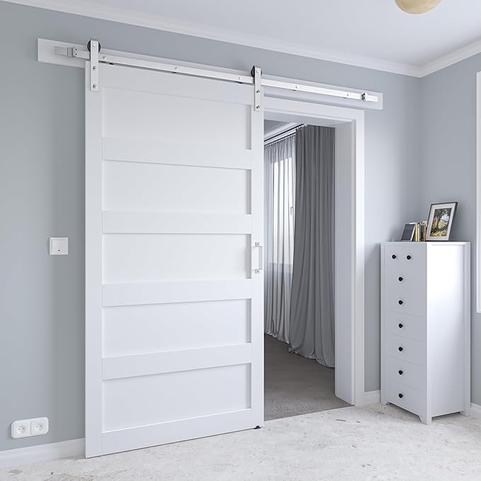 42in x 84in White Sliding Barn Door with 7ft Brushed Nickel Barn Door Hardware Kit & Handle, 5-Panel, Pre-Drilled Holes Easy Assembly, Water-Proof PVC Surface