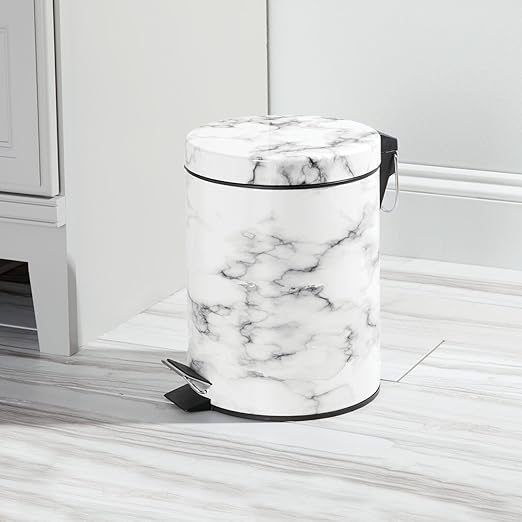 mDesign Pedal Waste Basket — Metal Waste Bin with Pedal, Lid and Plastic Bucket Insert — Perfect for Bathroom, Kitchen, and Office — 5 Litre Household Rubbish Bin with Ergonomic Design — Marble Print