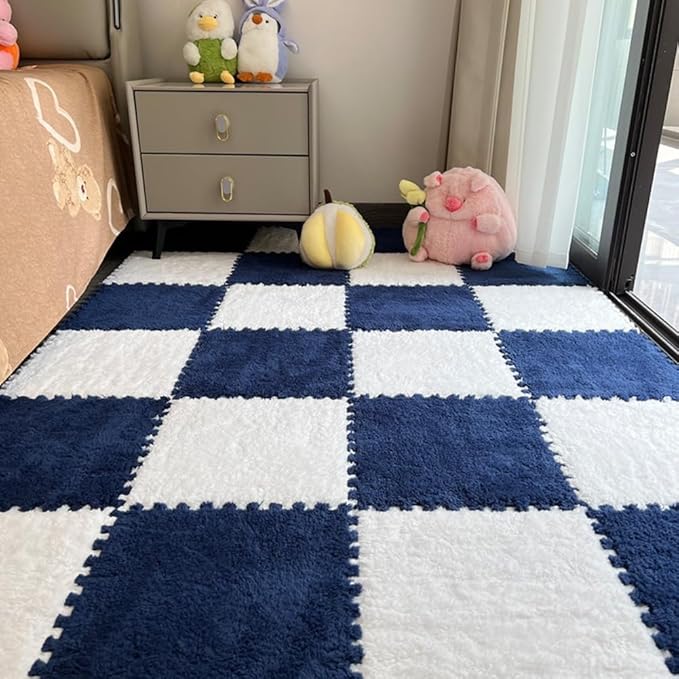 12Pcs Interlocking Carpet Tiles,12"x 12" Plush Interlocking Foam Carpet Tile with Border,Fluffy Play Mat Floor Tiles Thick Padded Squares Foam Tile for Playroom Decor (White+Navy)