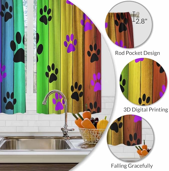 Dog Paws Kitchen Curtains Cute Puppy Paws Colorful Wood Board Short Tier Curtains for Bathroom Cafe Small Window Drapes Treatment 2 Panels (27.5x39 Inch)