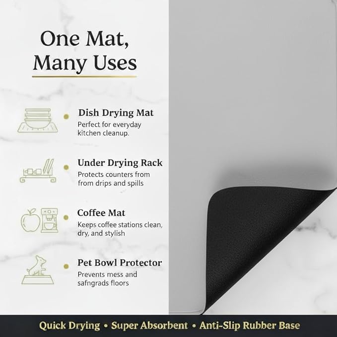 Dish Drying Mat Super Absorbent – 16" x 18" Coffee Mat for Countertops – Non-Slip Drying Mat for Kitchen Counter – Easy to Clean Water Absorbent Mat – Large Dish Drying Mats (Lite Gray)