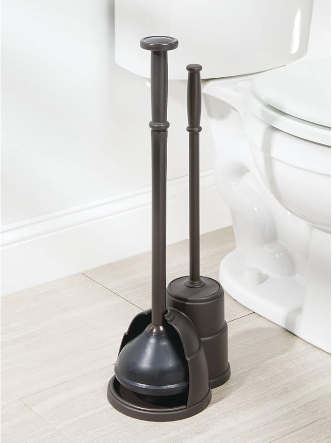 mDesign Plunger and Brush Set for Toilet Bowl - Hidden, Modern Toilet Brush and Plunger Set with Caddy - Brush Cleaner and Plunger Combo with Holder for Bathroom - Hyde Collection - Bronze
