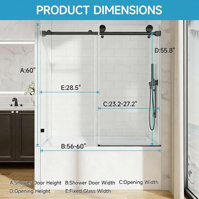 56-60" W x 60" H Frameless Bathtub Sliding Door, 5/16"(8mm) Tempered Glass Tub Shower Door with Explosion-Proof Film and Nano-Coated, Heavy Duty Stainless Steel Components, Matte Black
