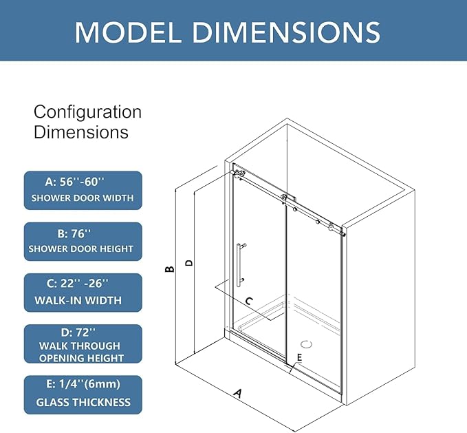 KPUY Frameless Shower Door, 55-60" W x 76" H Sliding Glass Shower Door, 1/4" (6mm) Thick Tempered Clear Glass with Explosion-Proof Film Nano Coating, Stainless Steel Hardware, Chrome
