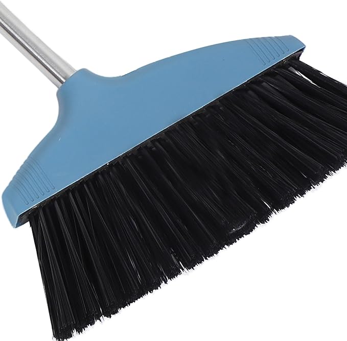 Soft Bristle Broom with Long Stainless Steel Handle, Indoor Outdoor Floor Sweeping Tool for Home Kitchen Office, Blue Non-Stick Hair Cleaning Household Sweeper