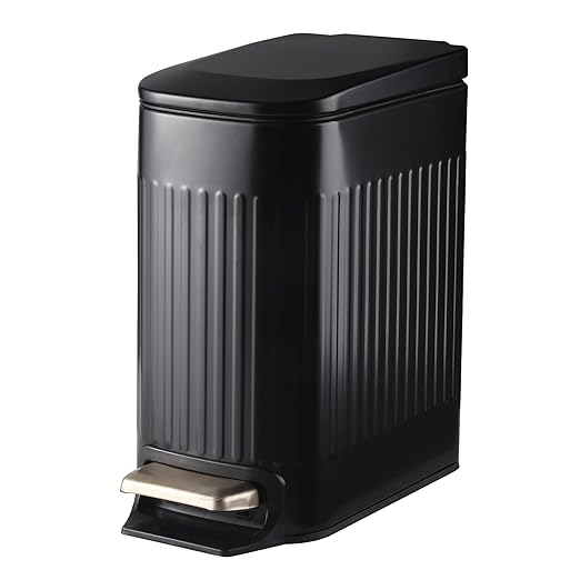 Slim Bathroom Trash Can Foot-Operated Stainless Steel Garbage Can with Soft Close Lid Step Trash Bin with Removable Inner Bucket for Bedroom, Office, Kitchen (Matt Black, 1.8 Gallons)