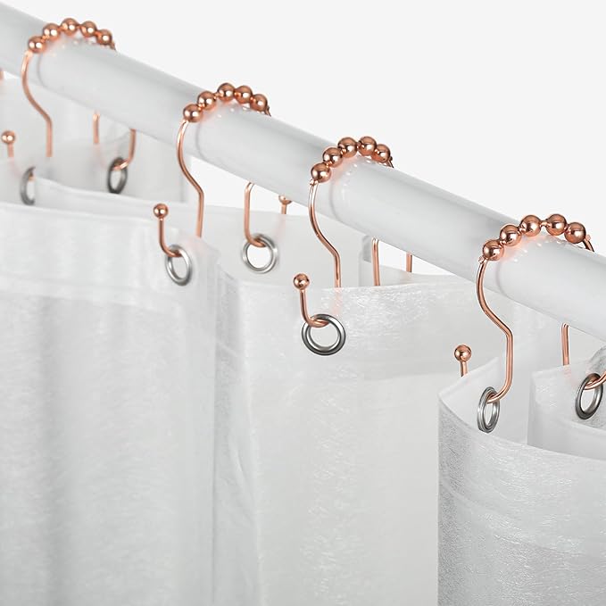 Goowin Shower Curtain Hooks, 12 Pcs Shower Curtain Rings, Stainless Steel Shower Curtain Hangers, Double Hook Shower Curtain Hooks, Smooth Sliding Anti-Drop Shower Rings for Curtain (Rose Gold)