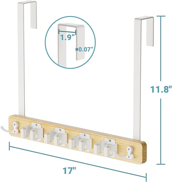HULISEN Broom Holder Door Mount, Over the Door Broom and Mop Holder with 0.6" Thick Pads, Wood Mop Organizer Tool Hanger with 4 Racks & 2 Hooks for Laundry Cabinet Kitchen Garage, No Drills