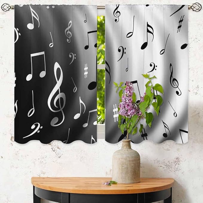 Modern Kitchen Curtains Black and White Music Notes Dancing Short Tier Curtains for Bathroom Cafe Small Window Drapes Treatment 2 Panels (27.5x39 Inch)