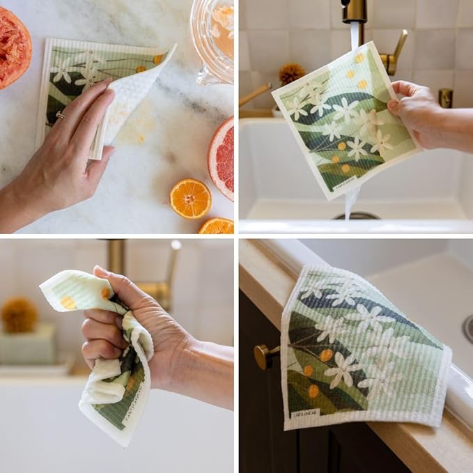 Swedish Dishcloths – Classic Botanical Floral Designs – Reusable Compostable Cellulose Sponge Cloth – Eco-Friendly Paper Towel Alternative 3 Pack