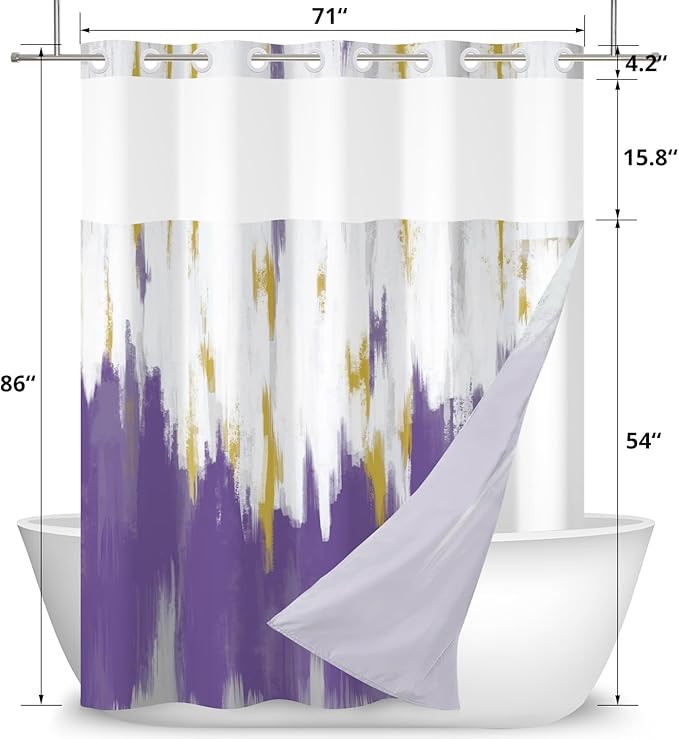 No Hook Shower Curtain with Snap in Liner, Hotel Style Purple White Gold Brush Strokes Art Modern Shower Curtain Waterpoof Washable with See Through Top Window,71"x86"