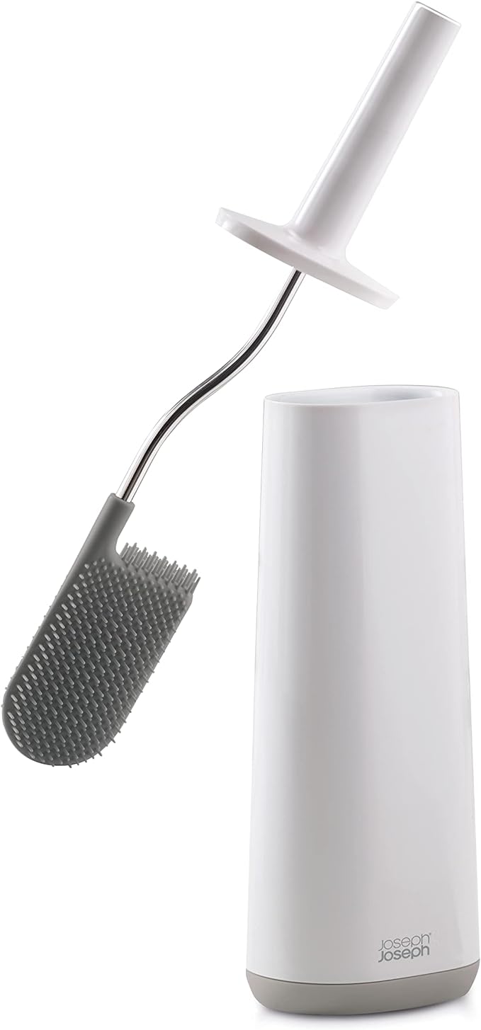 Joseph Joseph Flex Hygienic Silicone Toilet Brush with Slim Holder Set, Flexible Anti-drip, Anti-Clog Deep Clean Head - White/Grey