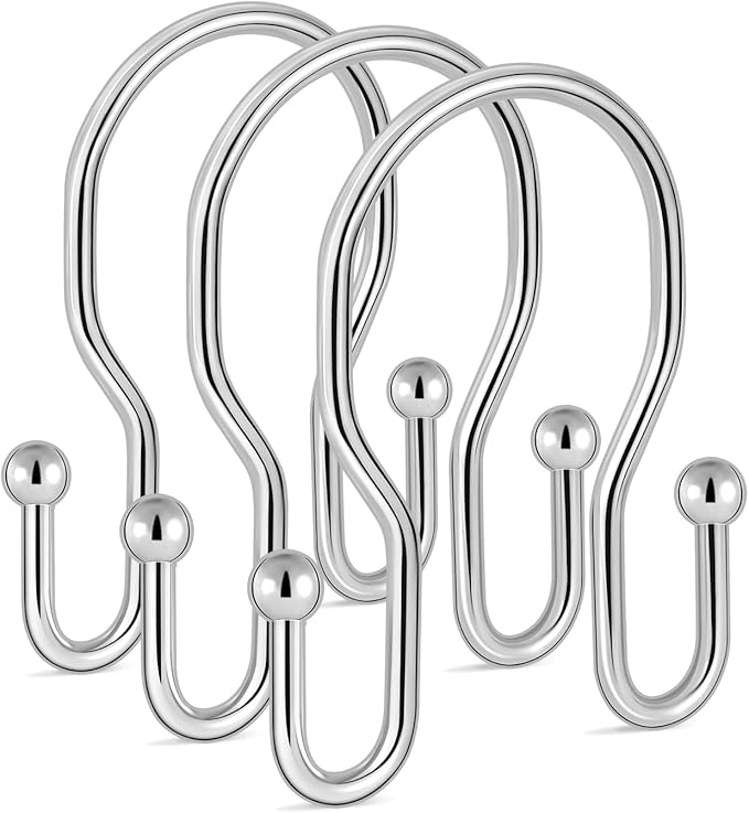 12 Pack Double Shower Curtain Hooks Rings, TENOVEL Double Sided Shower Curtain Hooks Rust Proof for Shower Curtain, Stainless Steel Bathroom Shower Hangers Rings for Shower Rods, Chrome