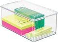 mDesign Plastic Stackable Home Office Storage Organizer Box with Hinge Lid - Holder Container Bin for Note Pads, Gel Pens, Staples, Dry Erase Markers, Tape, Supplies - Lumiere Collection - Clear
