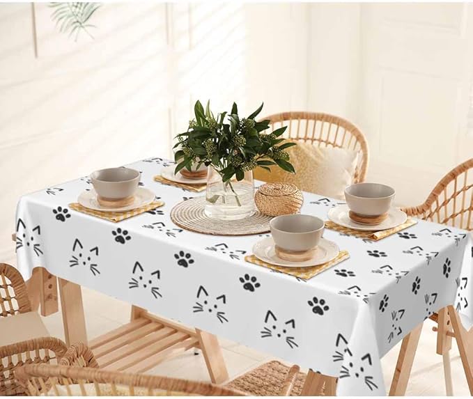 Cat Faces and Paws Rectangular Tablecloth Cartoon Cute Footprint 52x70 Table Cloth for Wedding Party Banquet,Dining Kitchen Table Cover