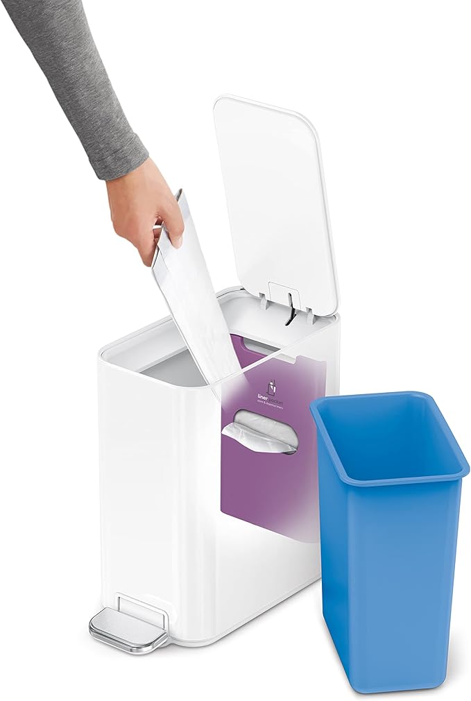 simplehuman Small Bathroom Trash Can with Lid, Stainless Steel Waste Basket, 5 Liter / 1.3 Gallon, White