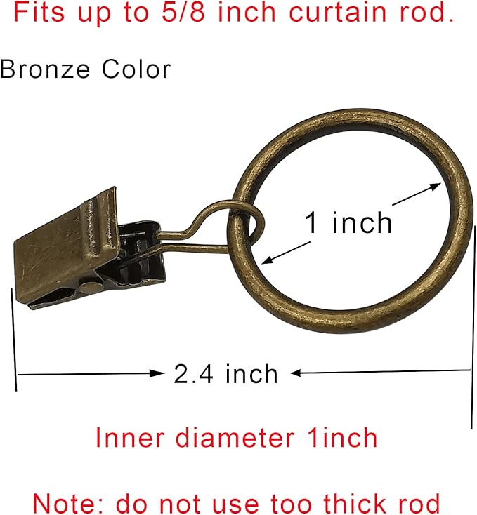 100 Pack Metal Curtain Rings with Clips, Drapery Clips with Rings, Drapes Rings 1 inch Inner Diameter, Fits Diameter 5/8 inch Curtain Rods, Vintage Bronze
