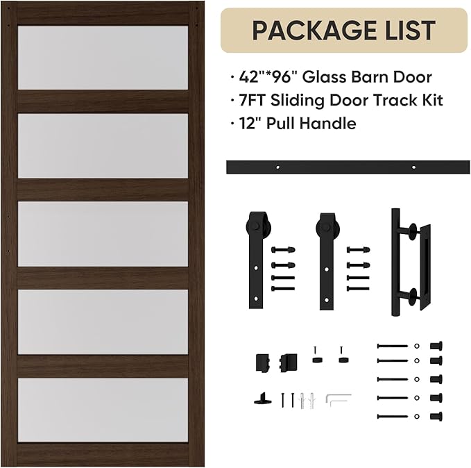 BARNSMITH 42in x 96in Glass Barn Door and 7FT Sliding Door Hardware Included, 5-Panel Frosted Glass Sliding Barn Door, Solid Wood Covered with Water-Proof PVC Surface, Easy Assembly, Brown