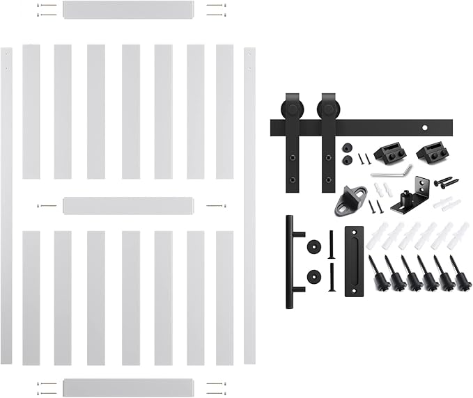 48''x84'' Sliding Barn Door with 8 Ft Barn Door Hardware Kit& Handle& Floor Guides,Pre-Drilled Holes Easy Assembly - Include Installation Manual, Water-Proof PVC Surface, H-Frame, White