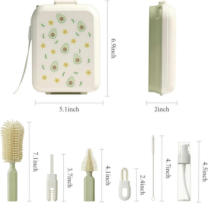 8-in-1 Baby Bottle Brush Set, Silicone Baby Bottle Cleaning Kit with Drying Rack, Portable Travel Brush & Accessories for Home and Travel (Green)