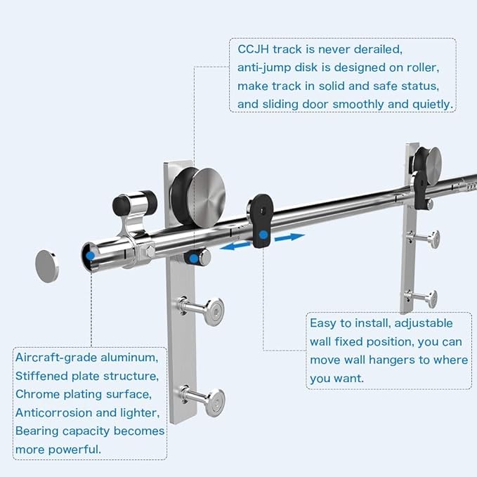 CCJH Stainless Sliding Barn Door Hardware Kit 9ft Heavy Duty for Single Wooden Door (Flat Shape Hanger)