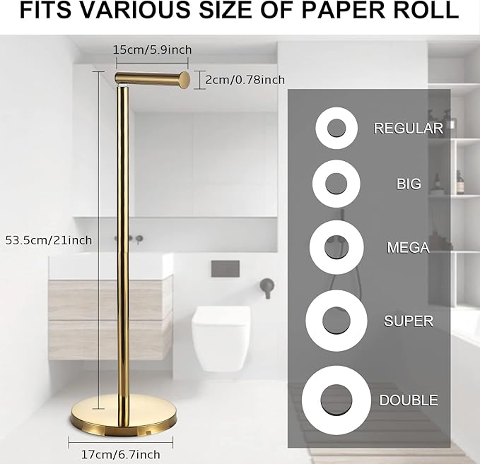 BGL Toilet Paper Holder Standing On Floor Polished Gold, Tissue Holder On Floor with Reserve Storage Paper Rolls, Free-Standing Roll Paper Holder