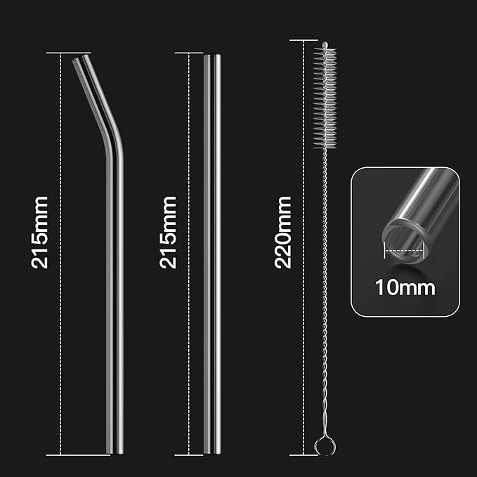 6-Pack Reusable Glass Straw-Transparent,Size 8''x10 MM,Including 3 Straight and 3 Bent with 2 Cleaning Brush- Perfect For Smoothies, Tea, Juice-Clear