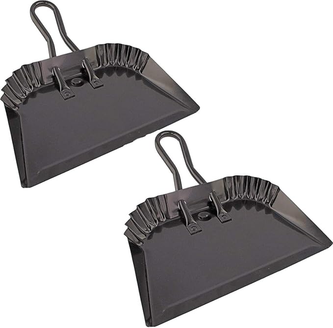 Edward Tools Black Metal Dustpan 12” - Heavy Duty Powder Coated Steel Does not chip or Bend - Precision Edge for Small Item Sweeping - Loop Handle for Comfort/Hanging (2)