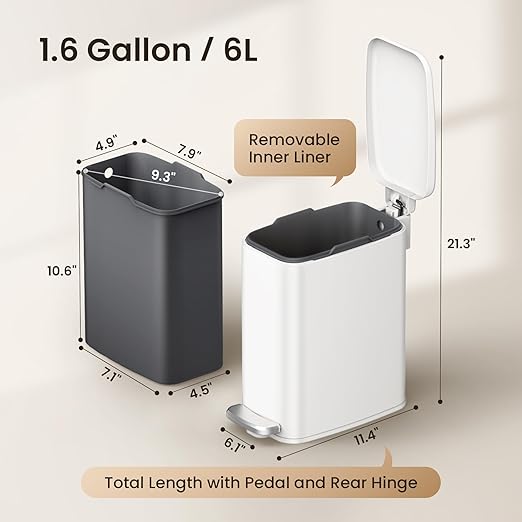 Cesun Slim Bathroom Trash Can with Lid Soft Close, 6L/1.6 Gallon Stainless Steel Small Garbage Can with Foot Pedal and Removable Inner Bucket, Slim Wastebasket for Bathroom, Office, Toilet (White)