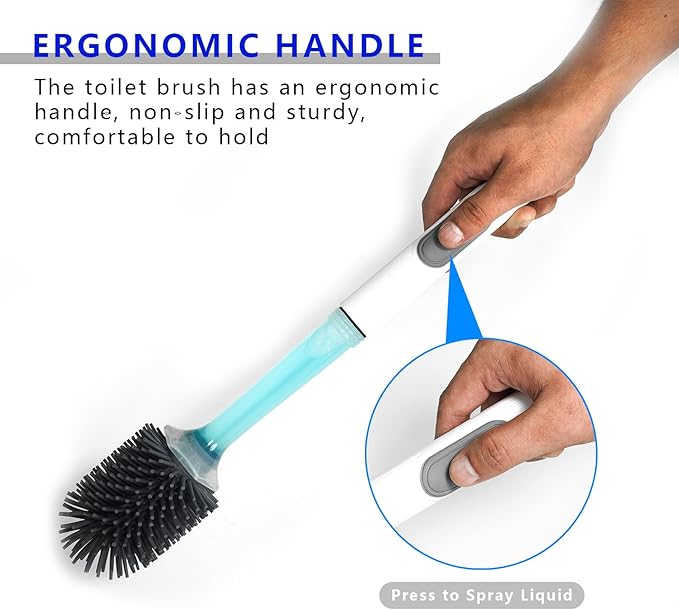 GREATLINK Silicone Toilet Brush with Holder, Non-Scratch Bendable Toilet Brush Scrubber for Curved Rim, Drip-Proof & Space Saving, Includes Adhesive Mount