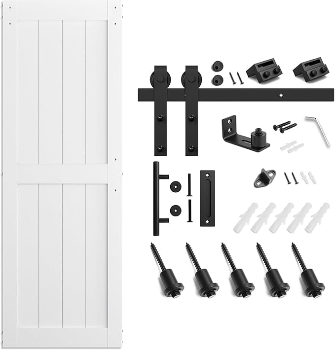 SmartStandard 32 x 80 inch White Sliding MDF Barn Door with 6FT Black Sliding Door Hardware Kit & Handle, Pre-Drilled Ready to Assemble, Waterproof PVC Coating, H-Frame