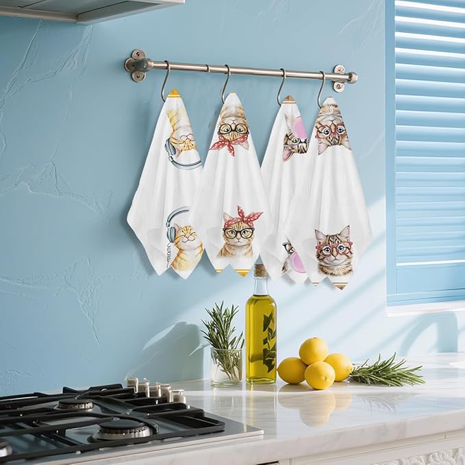 Hanamiya Na 4 Pcs Funny Cat Kitchen Hand Towels 24x14 Inch, Cute Hand Towels for Home Kitchen Bathroom Farmhouse Decor, Cat Mom Lover Lady Gifts for Women Friend Grandma