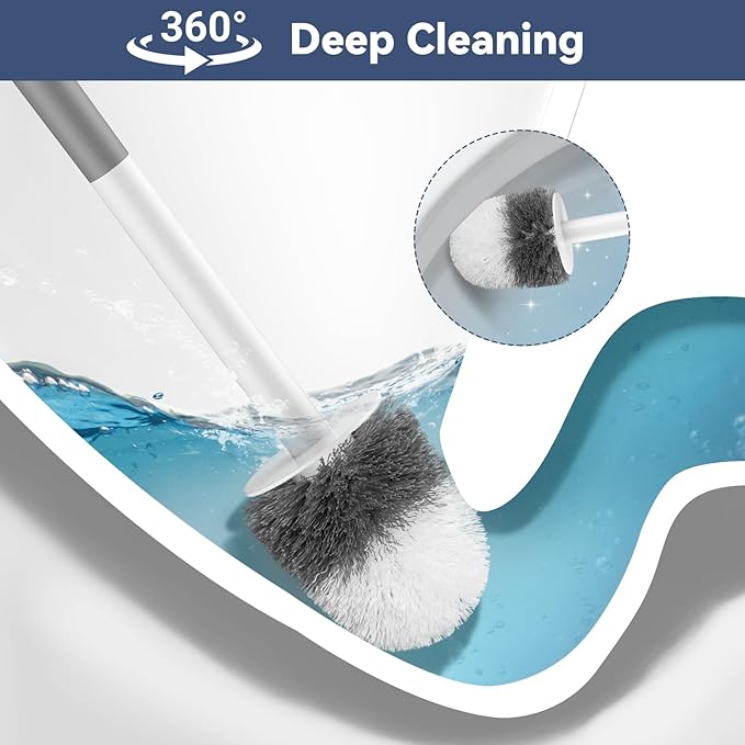 Toilet Brush, Compact Toilet Brush and Holder Set with Nylon Bristles 3 Pack Toilet Bowl Brush Hidden Scrubber Brushes for Bathroom Deep Cleaning, Grey & White